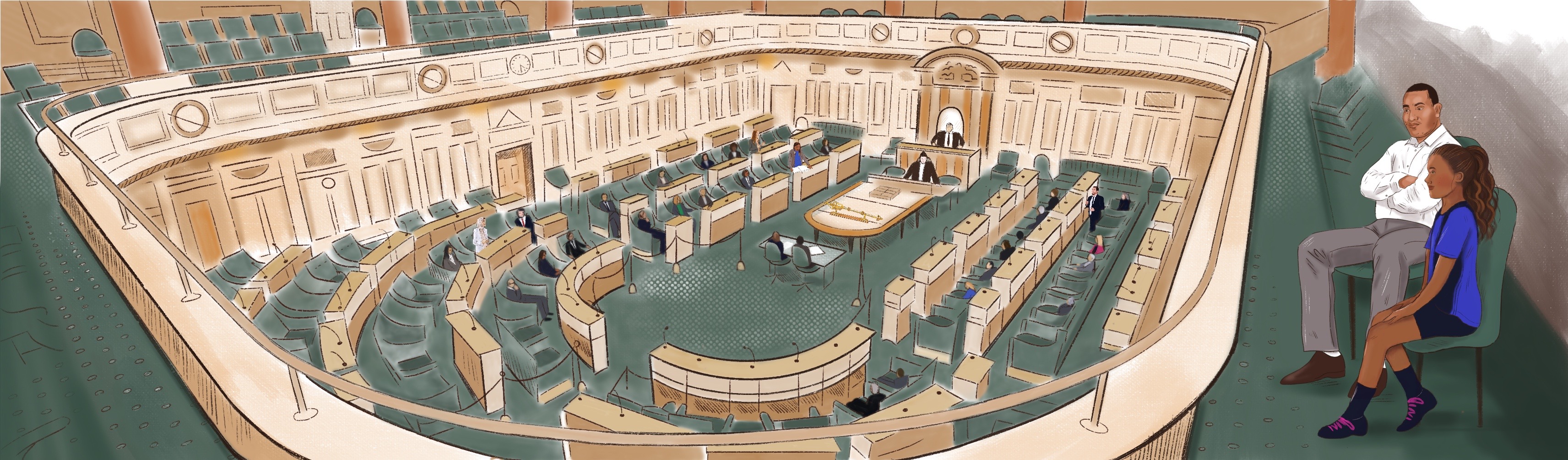 Illustration of a girl and her father watching Parliament from the gallery above the Debating Chamber