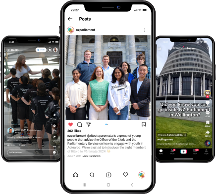 three phone displays showing parliament social media content